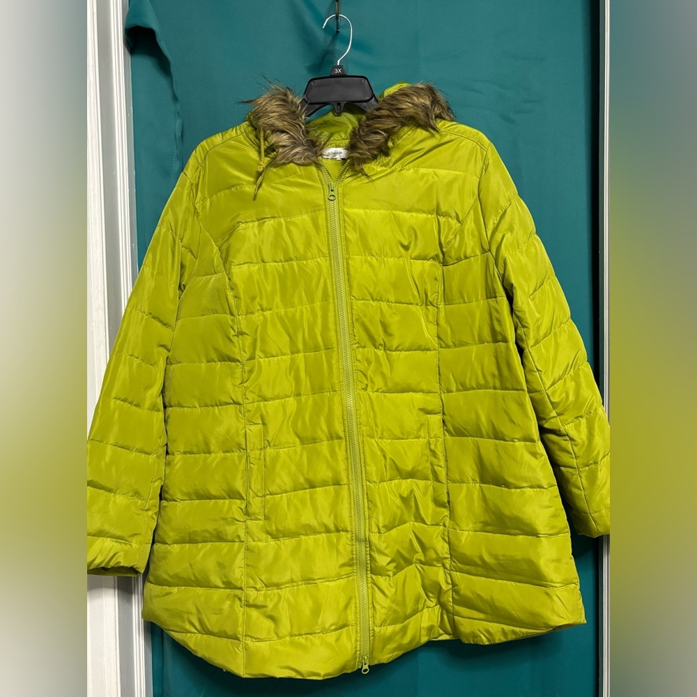 CJ Banks Lime Green Puffer Jacket with Faux Fur Hood